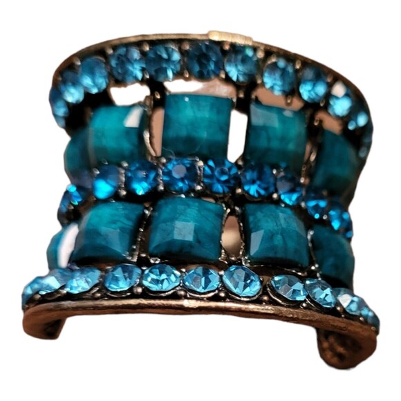 Large Blue Faux Stone and Rhinestones Statement Ring Antiqued Gold Size 14.5 - Picture 1 of 6